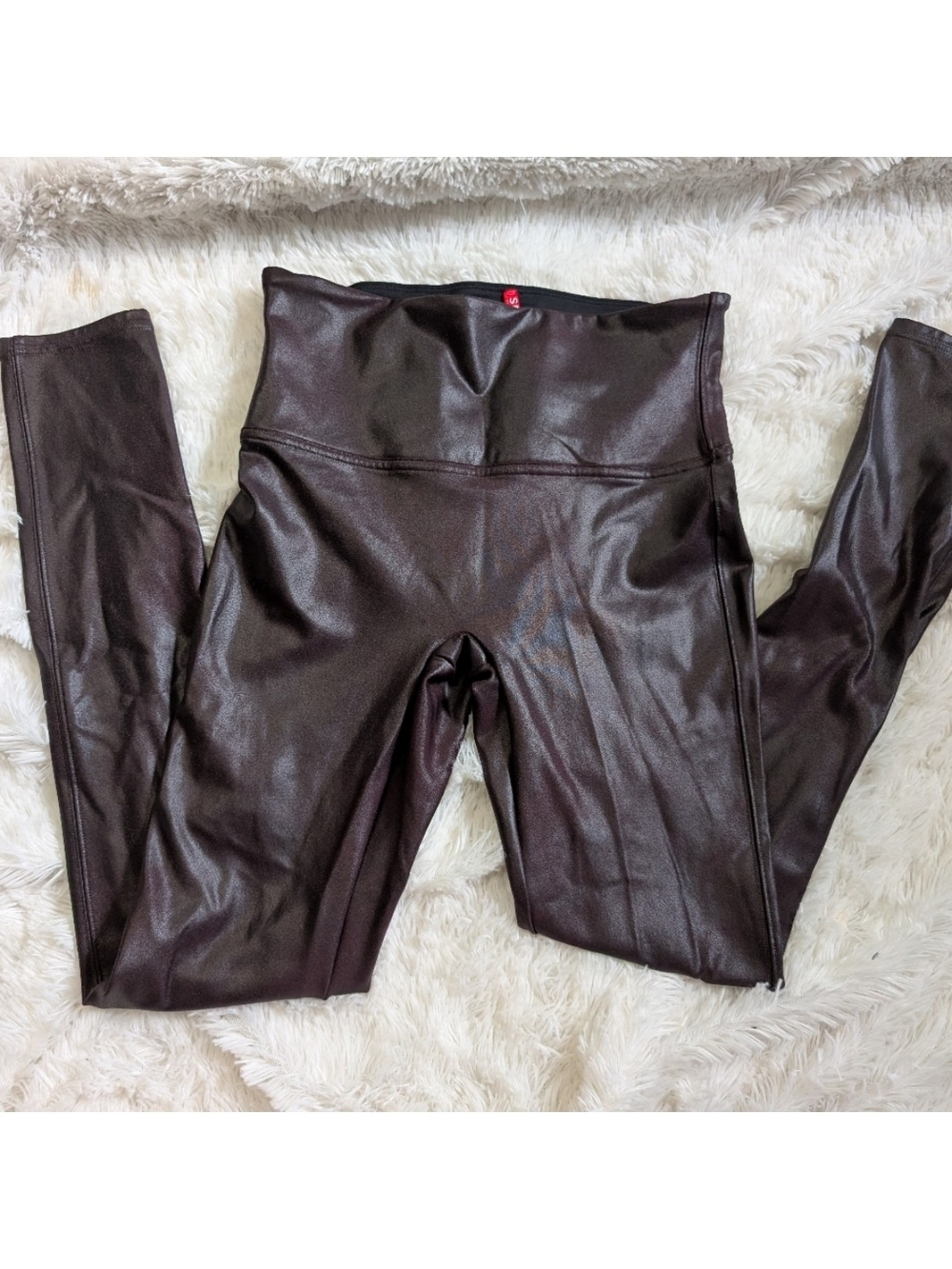 SPANX Shiny Metallic Deep Purple Plum Faux Leather Stretchy Leggings Medium